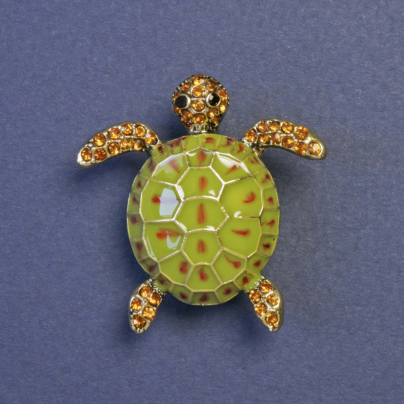 Broche Schildpad met groene emaille en gele strass-stenen