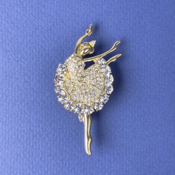 Broche Baletdanseres met witte strass-steentjes, 51×26 mm, goudkleurig metaal