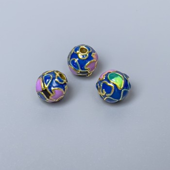 Cloisonné kraal blauw-paars-groen emaille, diameter 8 mm ± gatdiameter 1,5 mm goudkleurig metaal, 1 stuk