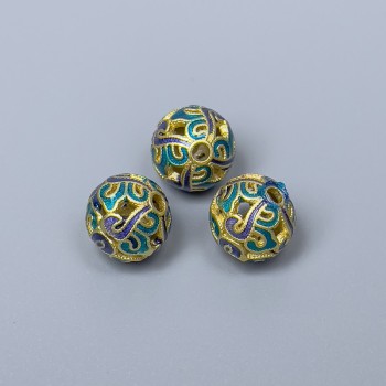 Cloisonné kraal blauw-turkoois emaille, Ø 10 mm ±, gat Ø 2 mm, metaal in matte goudkleur, 1 stuk