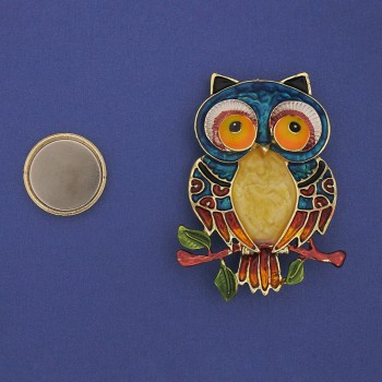 Broche op magneet Uil emaille 55x40mm+- goudkleurig metaal