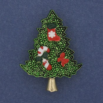 Broche en hanger Kerstboom groen emaille goudkleurig metaal 32×42 mm +