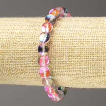 Armband op elastische draad met opaalglas kralen, roze transparant, diameter 8 mm ±, lengte 18 cm ±