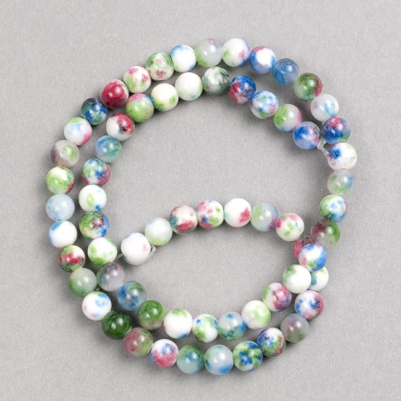 Kralen multikleur donkerroze, blauw, wit en groen 'agaat' (acryl, kunststof) op draad, glad balletje, diameter 6 mm ± L